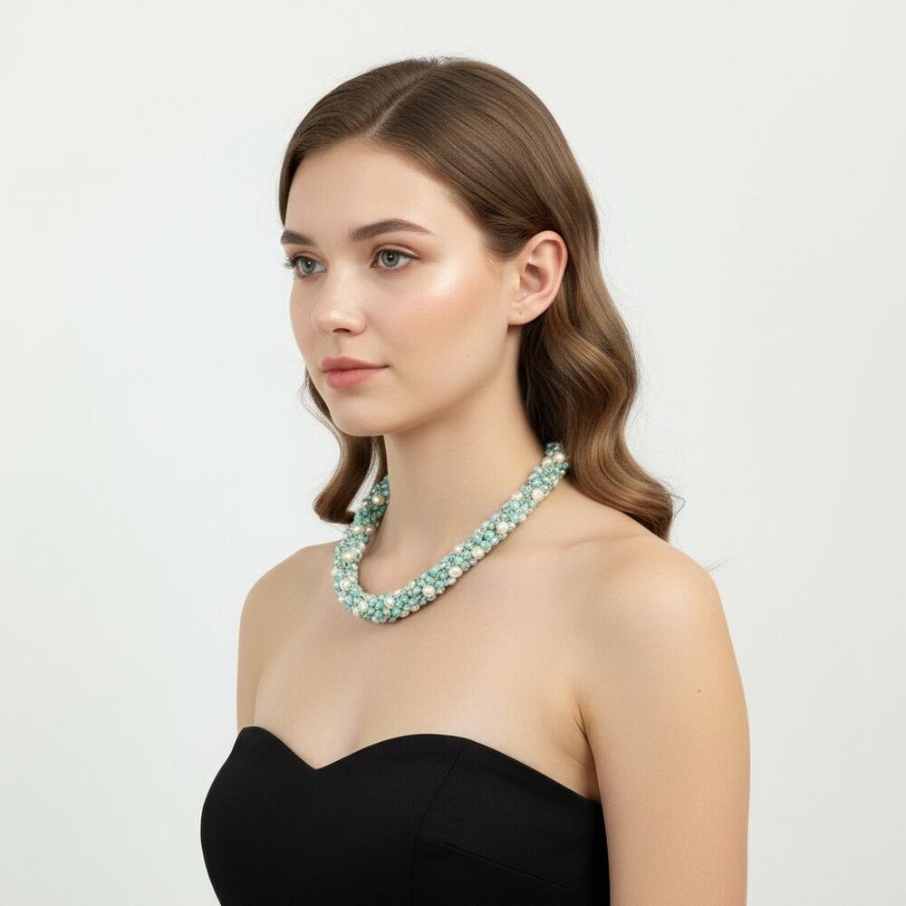 Aquamarine Turquoise And Pearl Bead Cluster Necklace
